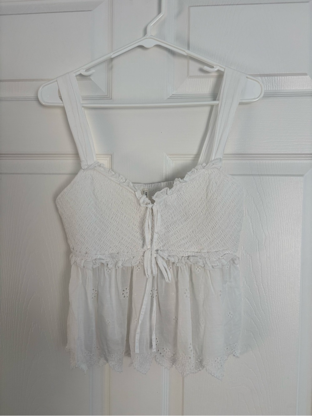 American Eagle Outfitters White Smocked Eyelet Tie-Front Cami
